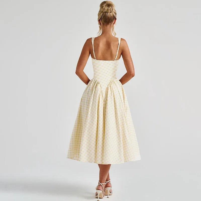 Gingham Square Neck A-Line Midi Dress With Pockets