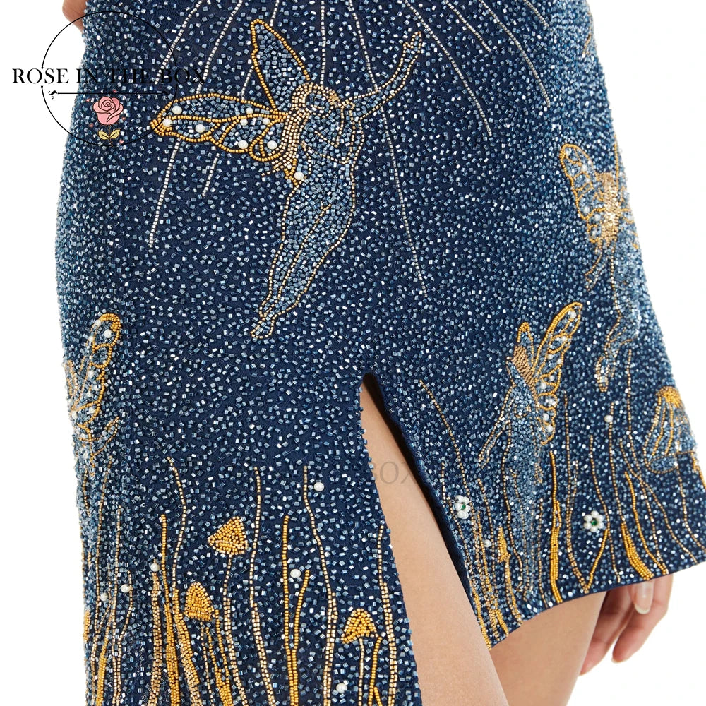 Beaded Navy And Gold Mini Evening Dress With Hand Embroidered Details And Thin Straps