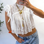 Fairycore Lace Mesh Babydoll Top Sheer See Through Cover Up With Floral Trim