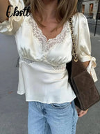 Lace Splicing Female Chic Bow Lace-up V Neck Short Sleeve Shirt