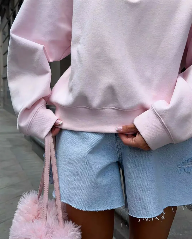 Fashion Women Pink Sweatshirt Vintage  Pullover Loose Half Zip Letter Embroidery Outwear