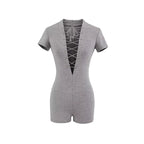 Sexy Lace Up Front Short Sleeve Playsuit In Knit Fabric Flirty One Piece Romper