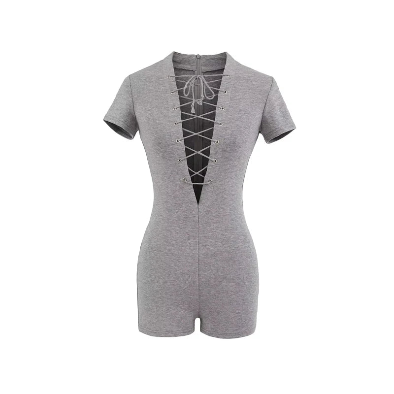 Sexy Lace Up Front Short Sleeve Playsuit In Knit Fabric Flirty One Piece Romper