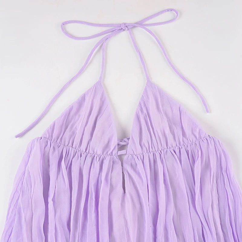 Purple Chiffon Backless Sundress With Deep V Neck A-Line Mini