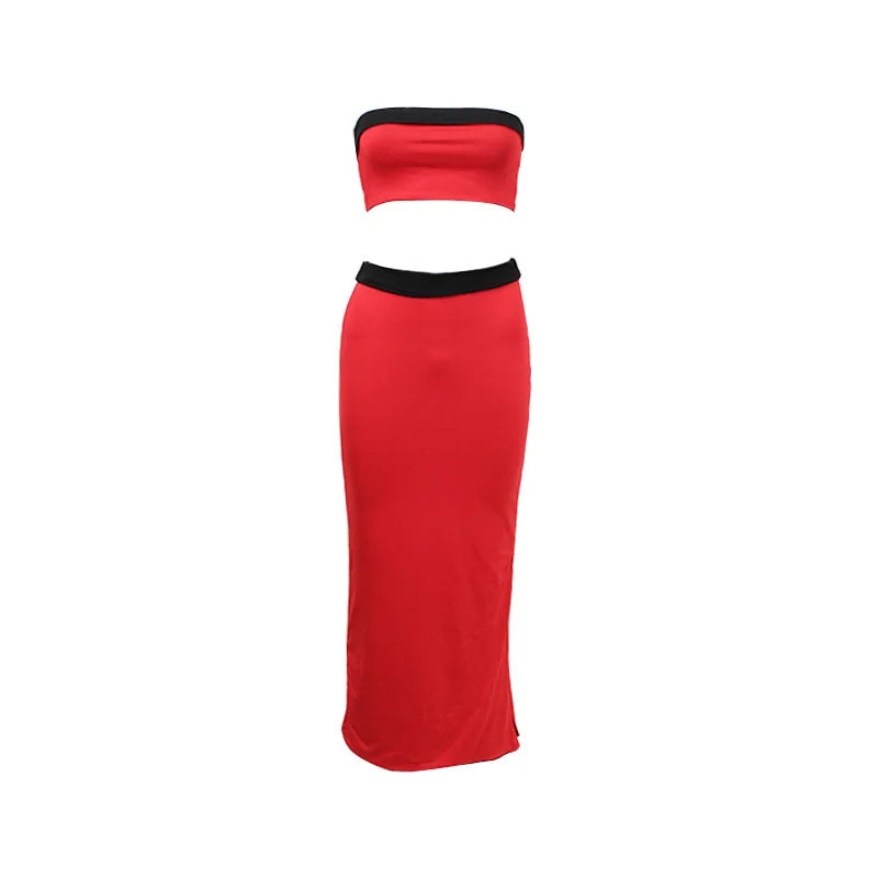 Boho Color Block Strapless Crop Top And Skirt two piece Set For Women