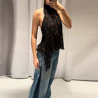 Polka Dot Off Shoulder Tank Top With Lace Up Bow Backless Sleeveless