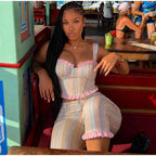 Fashion Stripe Capri Pant 2 Piece Set Women's Sleeveless Strap Crop Tank Waist-cinching Trousers