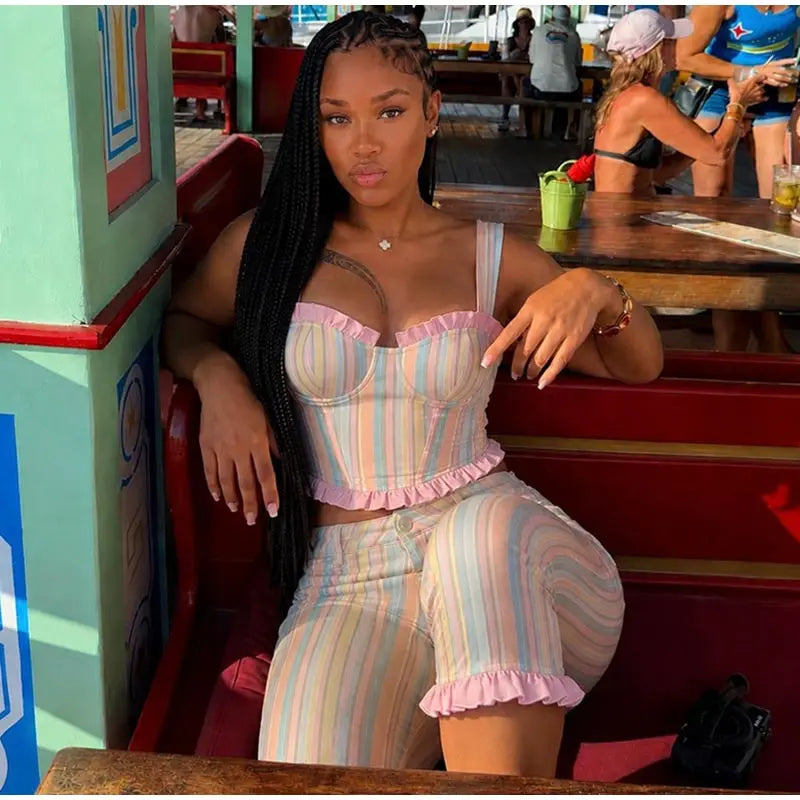 Fashion Stripe Capri Pant 2 Piece Set Women's Sleeveless Strap Crop Tank Waist-cinching Trousers