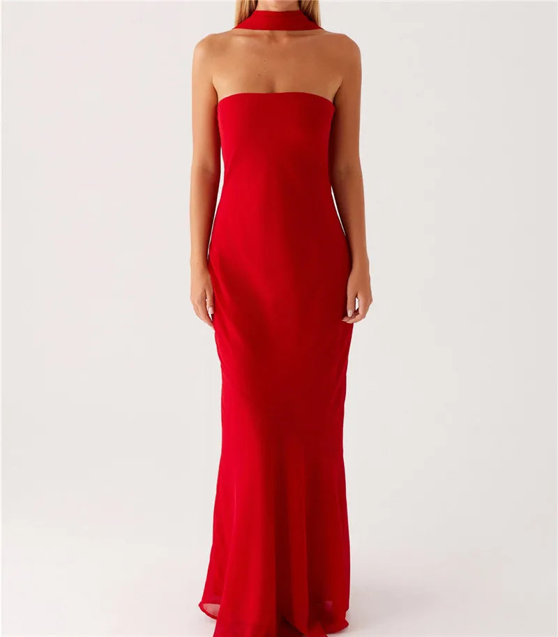 Floral Tube Maxi Dress With Scarf Strapless Backless Mesh Bodycon Sundress