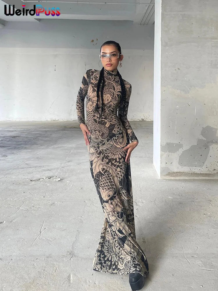 Mesh Print Maxi Bodycon Dress With Turtleneck And Long Sleeves