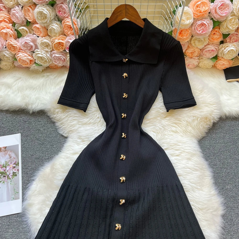 Vintage Inspired Turn Down Collar Knit Maxi Shirt Dress