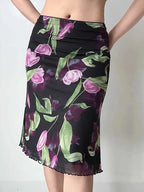 Vintage Floral Mesh High Waist Midi Mermaid Skirt