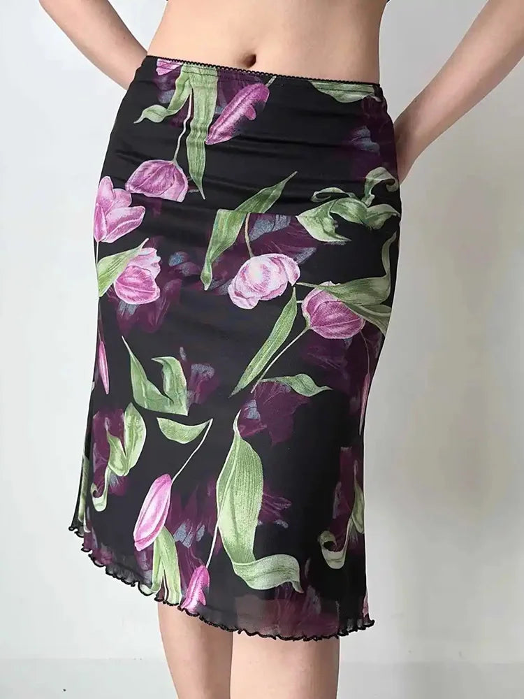 Vintage Floral Mesh High Waist Midi Mermaid Skirt
