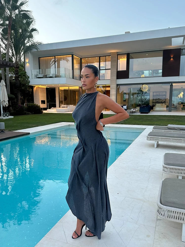 Chic Backless Off Shoulder Pleated Knee Length Dress With Irregular Silhouette