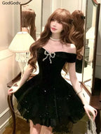 Mini Gothic Off Shoulder Dress In French Vintage Style Retro