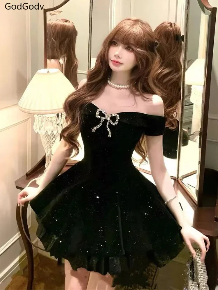 Mini Gothic Off Shoulder Dress In French Vintage Style Retro