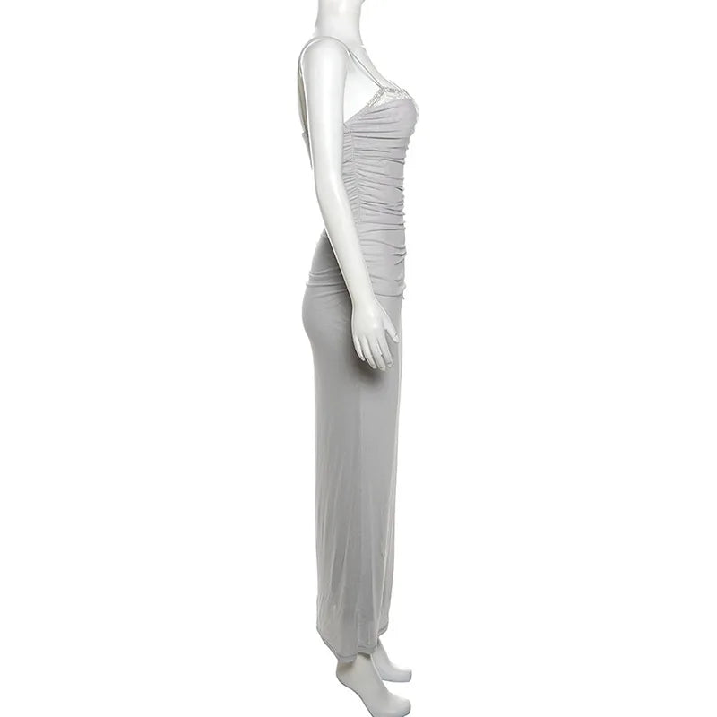 Elegant Maxi Spaghetti Strap Party Dress With Netting Waist-Hugging Fit