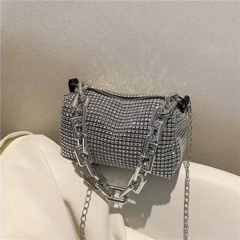 Mini Crossbody Rhinestone Bucket Bag With Glitter Chain Purse