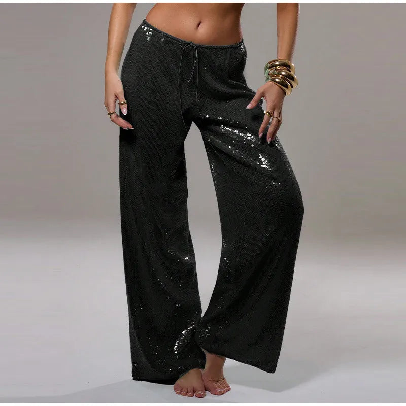 Sequined Solid Wide Leg Pants For Women With High Waist Loose Fit Trousers