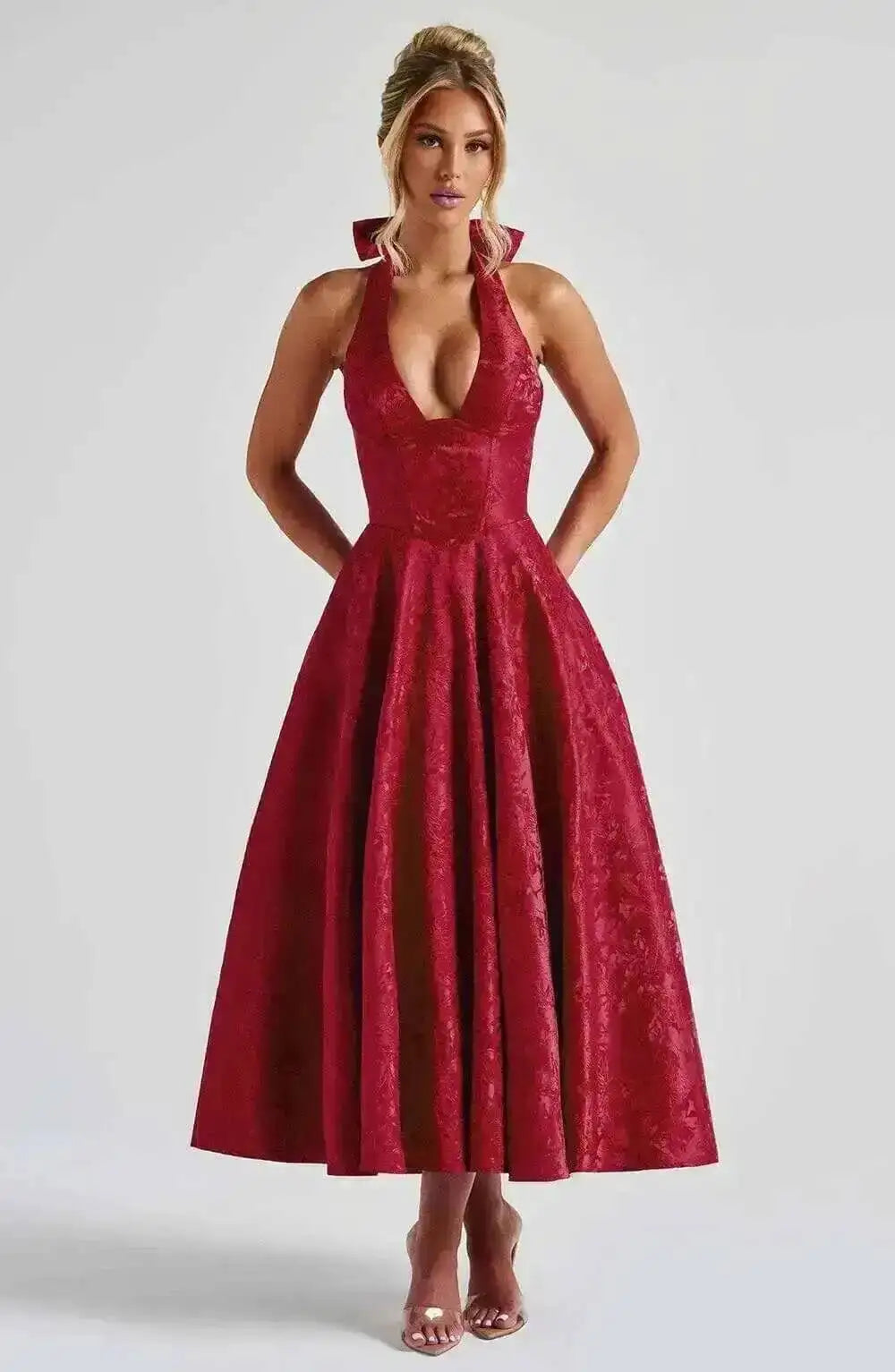 Backless Halter Evening Dress With Lace Jacquard For Elegant Special Occasions