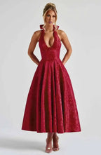 Backless Halter Evening Dress With Lace Jacquard For Elegant Special Occasions