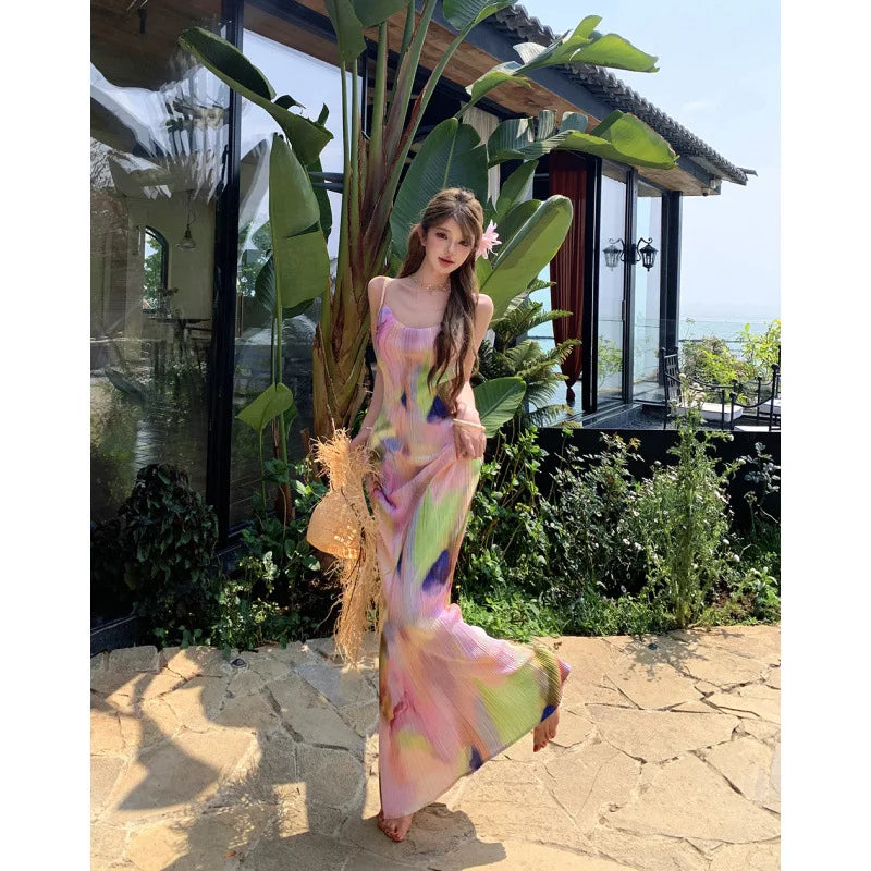 Pink Tie Dye Spaghetti Strap Maxi Dress For Beach Vacation Pleated Sleeveless Elegant Bodycon