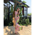 Pink Tie Dye Spaghetti Strap Maxi Dress For Beach Vacation Pleated Sleeveless Elegant Bodycon
