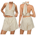 Striped Loungewear Set With Tie Up Halter Top And Elastic Waist Shorts