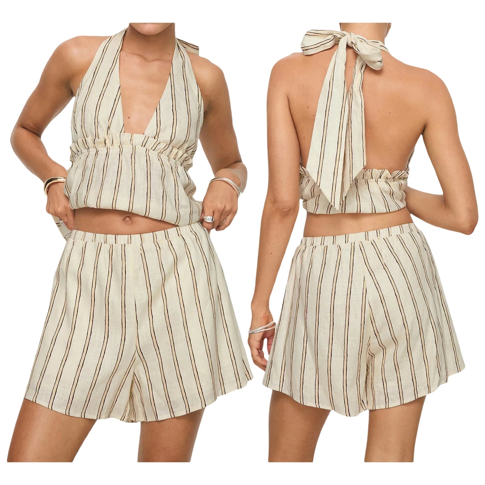 Striped Loungewear Set With Tie Up Halter Top And Elastic Waist Shorts