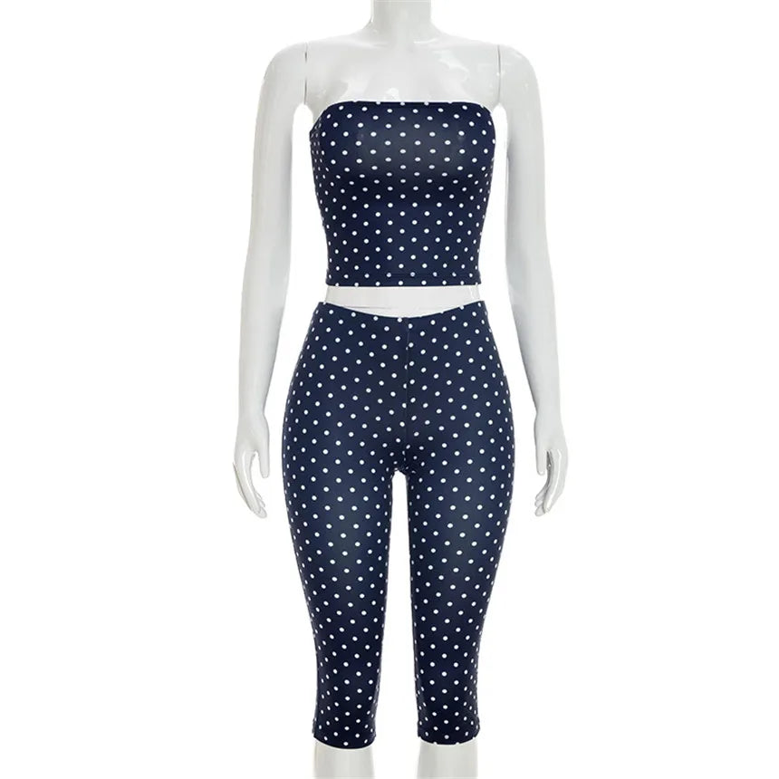 Vintage Polka Dot Two Piece Set Strapless Tube Top And Capri Pants