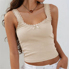 Coquette Lace Trim Knit Crop Top With Bow Sleeveless Square Collar