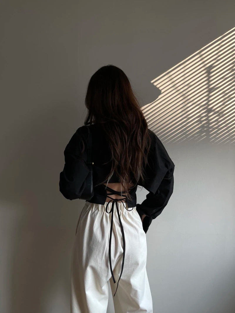 Backless Bandage Blouse With Turn Down Collar And Delicate Lace Up Details