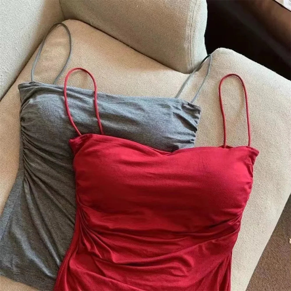 Waist Pleated Corset Top With Soft Support Chest Pad Sleeveless