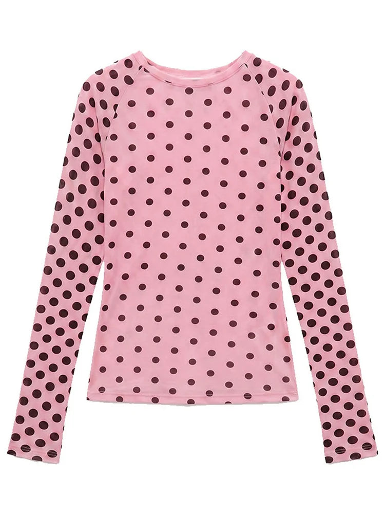 Blush Pink Polka Dot Lightweight Long Sleeve Tee O Neck Top