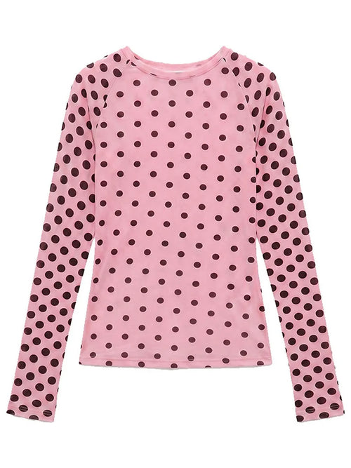 Blush Pink Polka Dot Lightweight Long Sleeve Tee O Neck Top