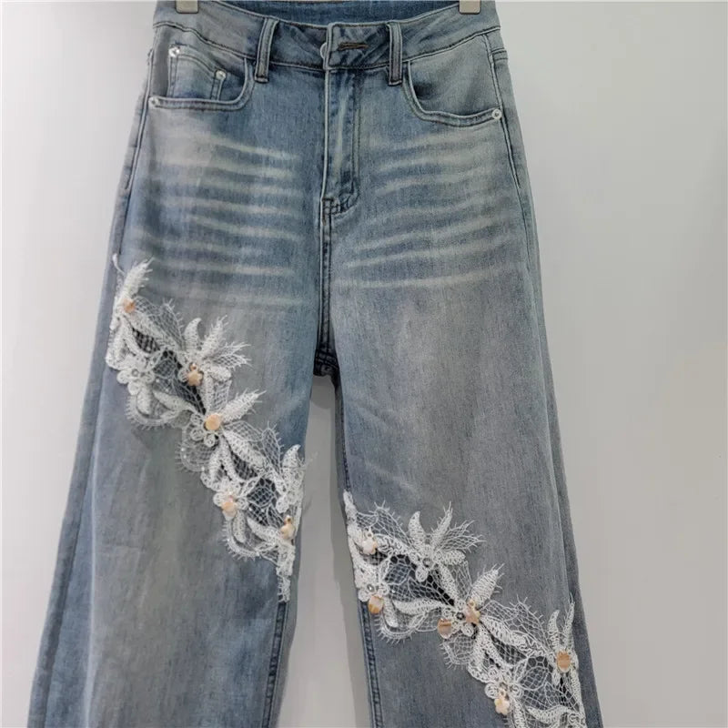 Whimsical Floral Patchwork Lace Denim Jeans With High Waist And Elegant Hollow Out Details