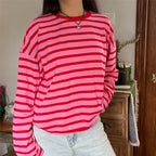 Vintage Luxe Relaxed Striped Tunic Top For Women Long Sleeve Round Neck