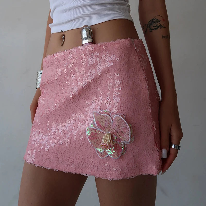 Shimmer Sequin Mini Skirt With 3D Flower Trim