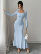 Retro Square Collar Dress With Long Sleeves In Solid Color