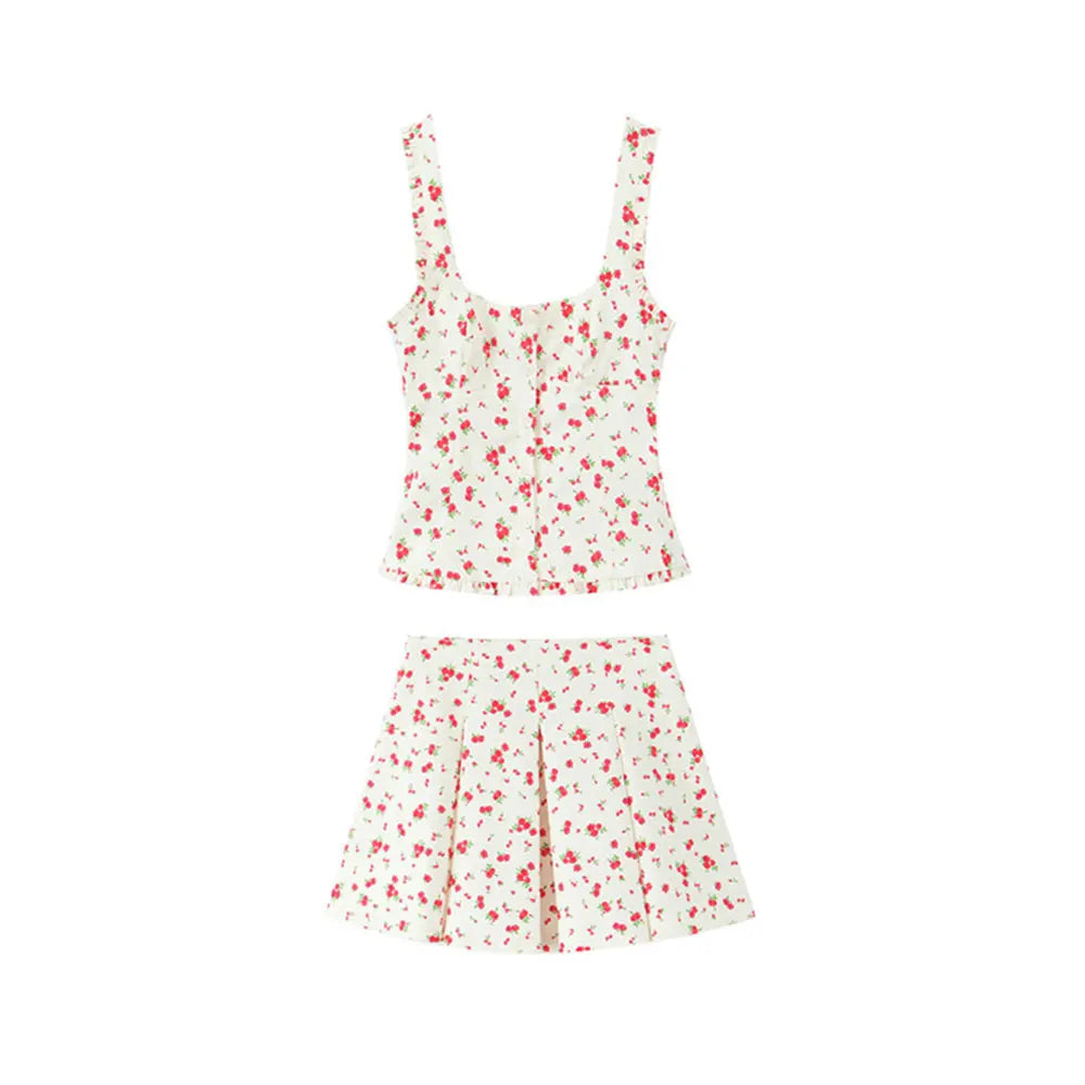 Floral Print Tank Top And Mid Waist Pleated Mini Skirt Two-piece Set