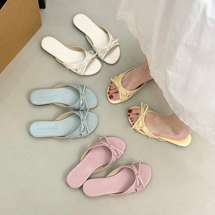 Butterfly Knot Open Toe Slides For Women Non Slip Flats