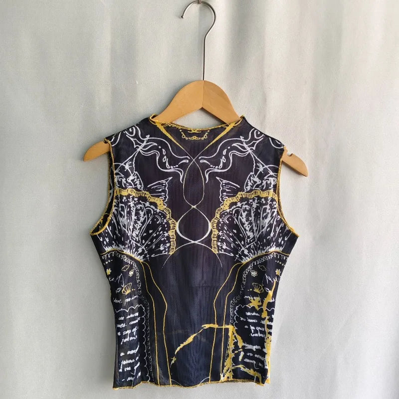 Mesh Print Tank Top With High Collar Slim Fit Cropped