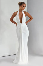 Deep V-Neck Backless Ruched Maxi Dress Halter Gown