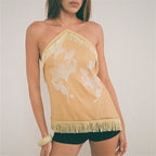 Boho Halter Top With Fringe Trim Backless Tie Back Floral Print