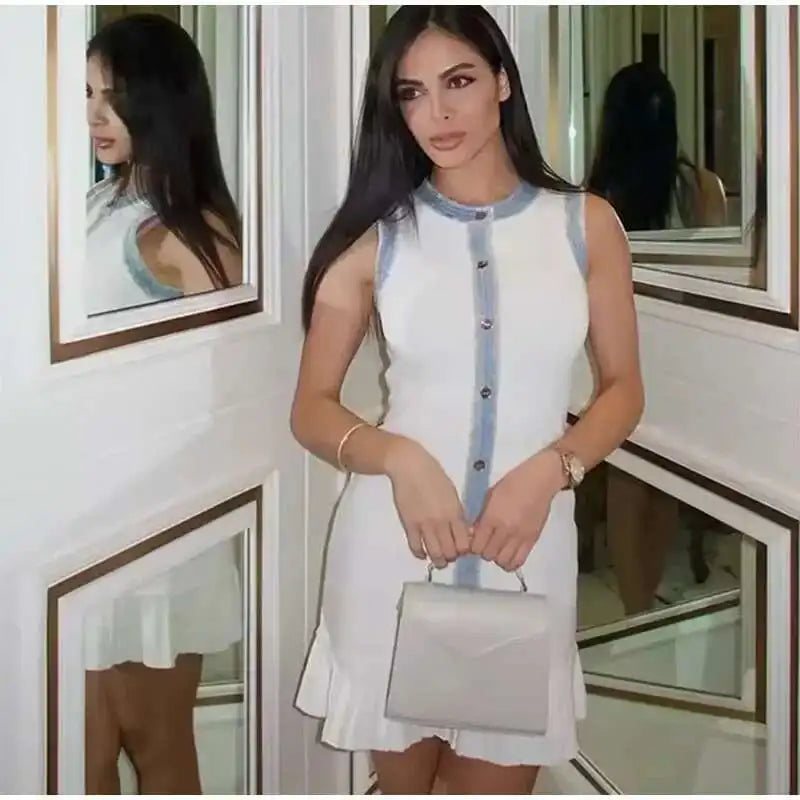 Patchwork Knit Mini Dress With Pleated Detail Round Neck Sleeveless