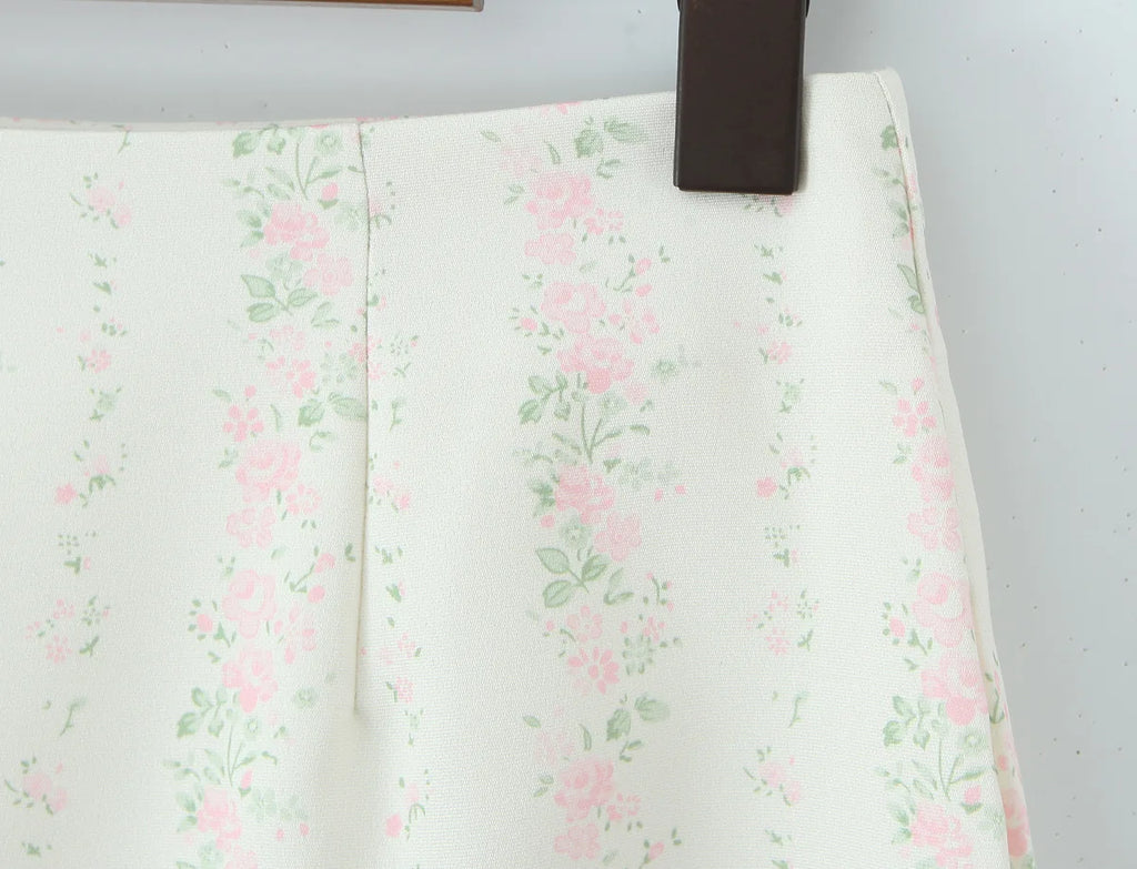 Vintage Sweet Floral Print Mini Dress Set Strapless Crop Top Bodycon Skirts Outfit