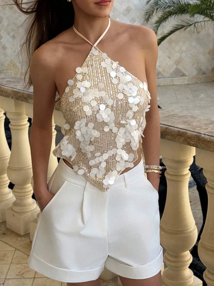 Backless Glitter Halter Tank Top With Sequin Design