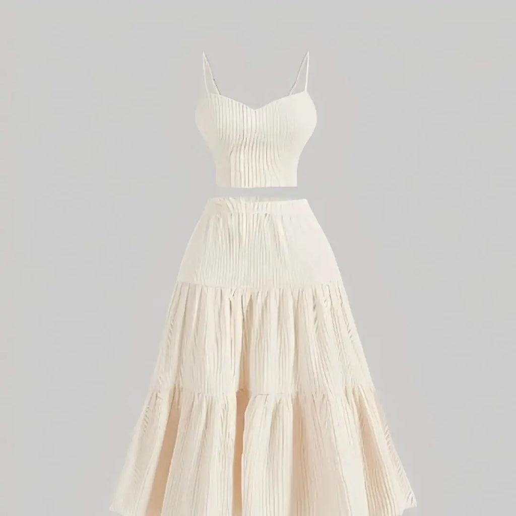 Plus Size Beige Ribbed Cami Top And Tiered Maxi Skirt Two Piece Set