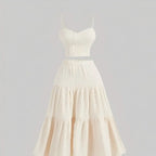 Plus Size Beige Ribbed Cami Top And Tiered Maxi Skirt Two Piece Set