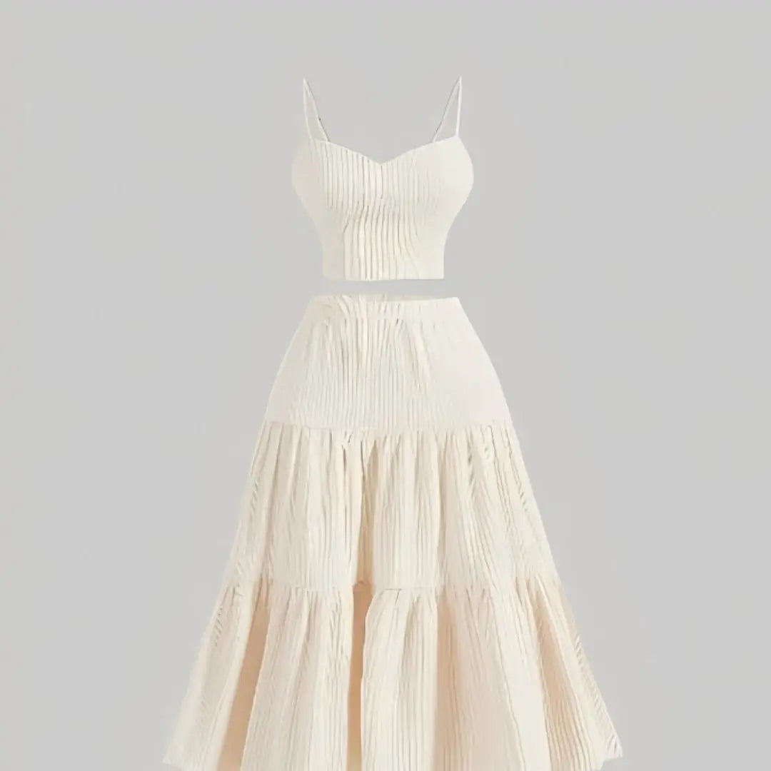 Plus Size Beige Ribbed Cami Top And Tiered Maxi Skirt Two Piece Set